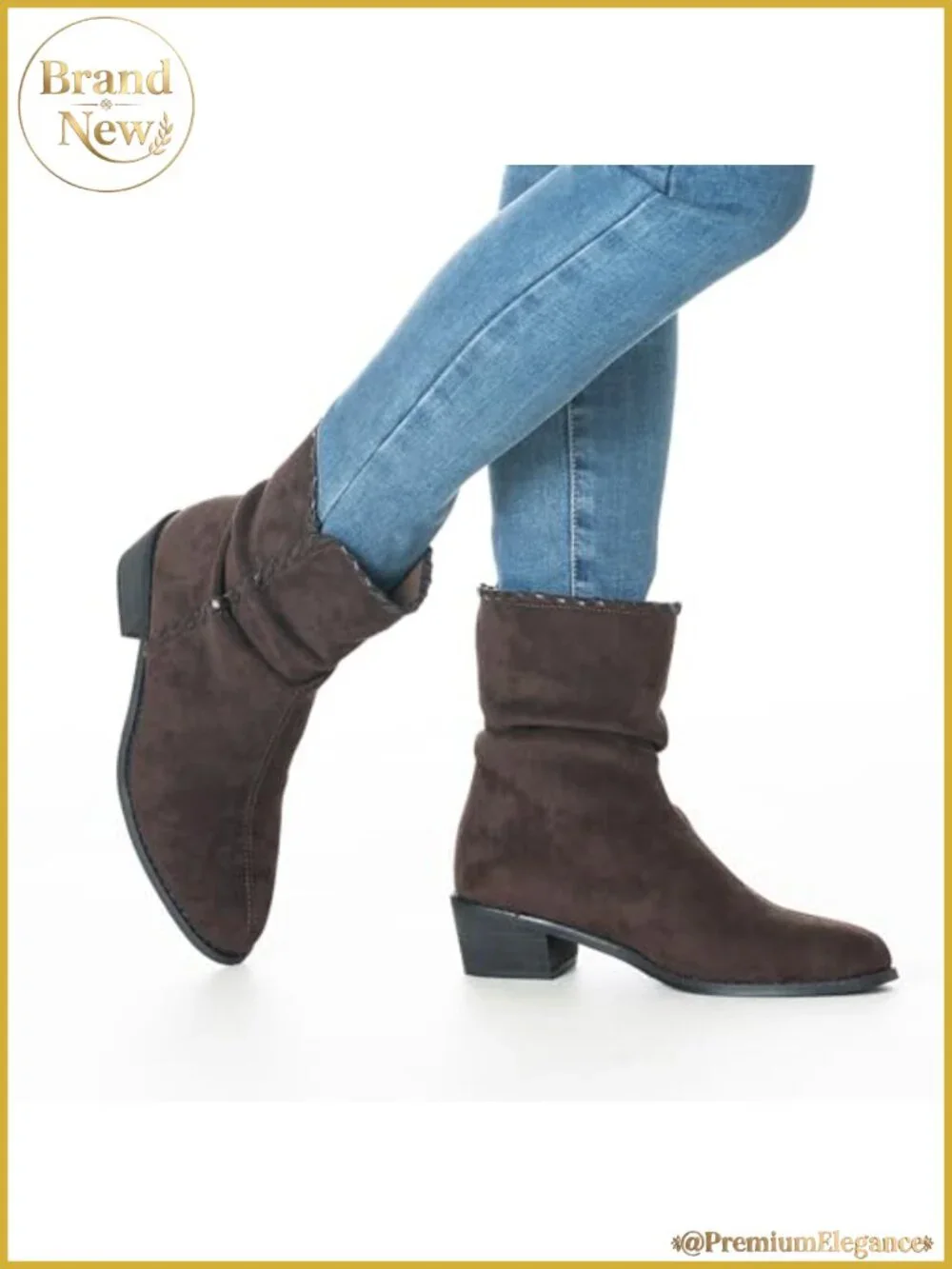 Faux Suede Slouchy Pointed Toe Ankle Booties Whipstitch Block Heel